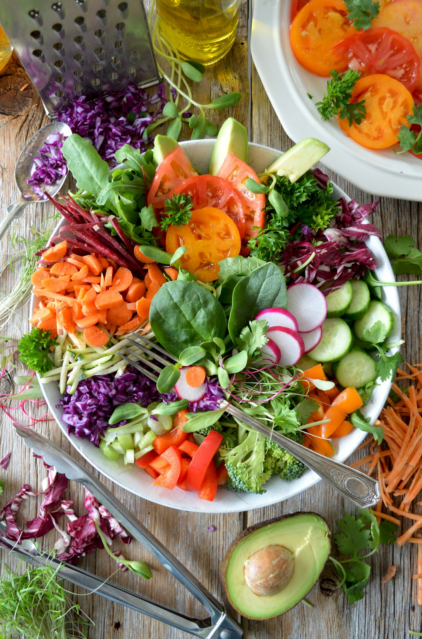 Fresh vegetables and fruits arranged for mindful meal preparation